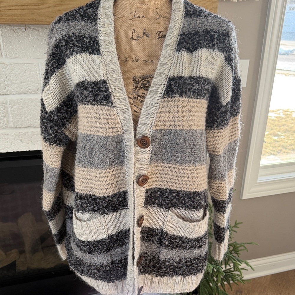 BKE Cozy Striped Cardigan - Black, Gray, Cream